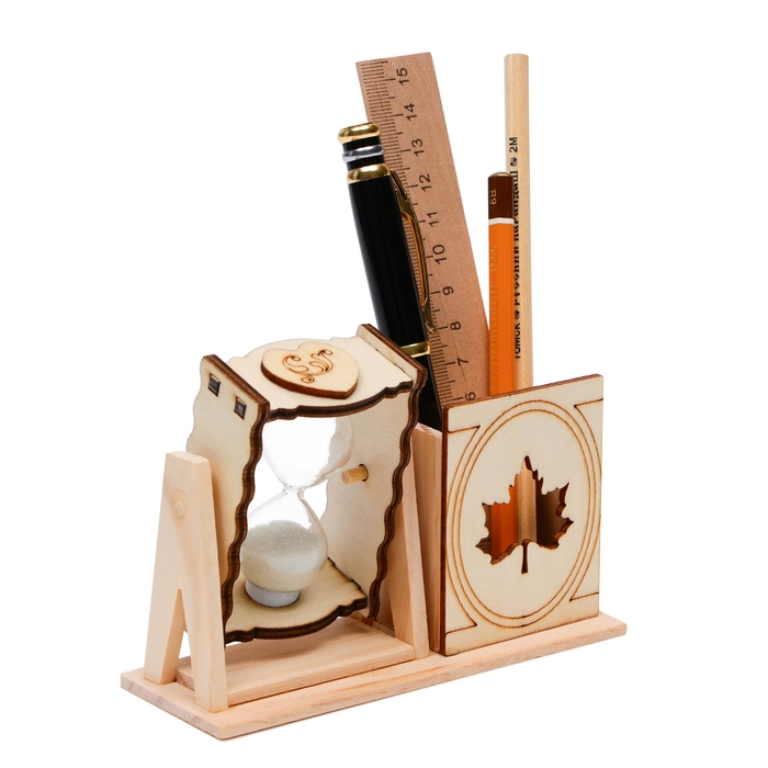 Песочные часы "Кленовый лист", сувенирные, с карандашницей, 10 х 13.5 см, белые