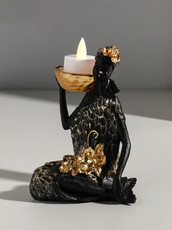 Подсвечник полистоун "Африканка в чёрном платье с цветами" с золотом d=4,5 см 11х13х16 см
