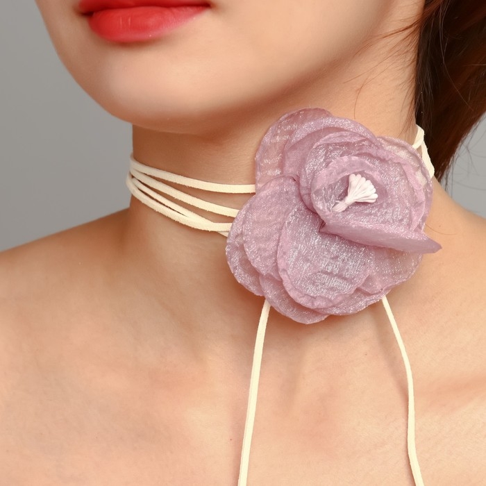 Чокер &laquo;Танго&raquo; цветок на шнурке, роза миниатюра, цвет бело-сиреневый, 154 см