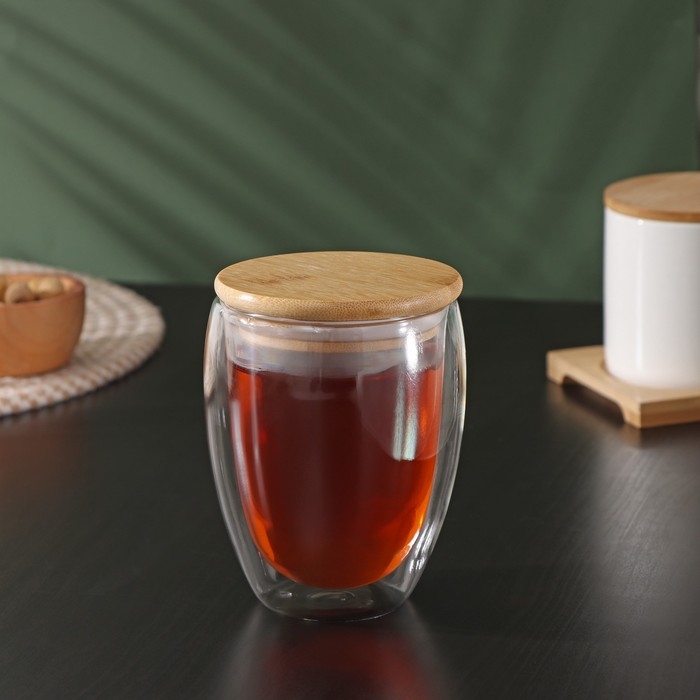 Стакан стеклянный с двойными стенками и бамбуковой крышкой BellaTenero &laquo;Эко&raquo;, 330 мл