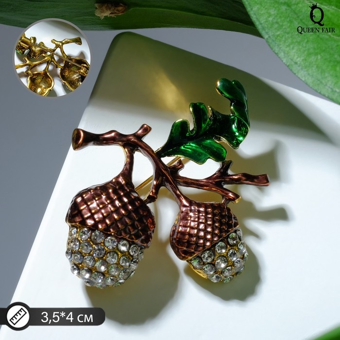 Брошь &laquo;Жёлуди&raquo;, цвет бело-зелёный в чернёном золоте