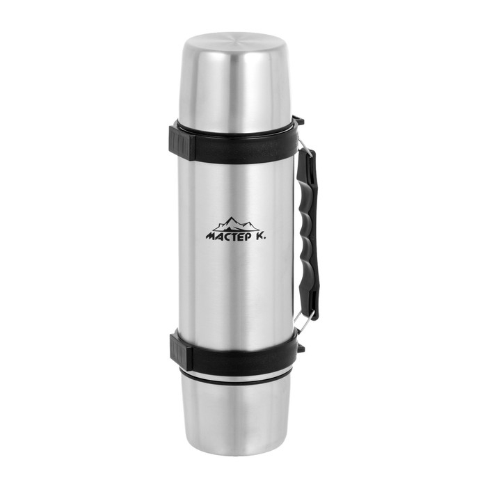Термос, 1 л, Тропа "Мастер К", с двумя кружками, сохраняет тепло 24 ч