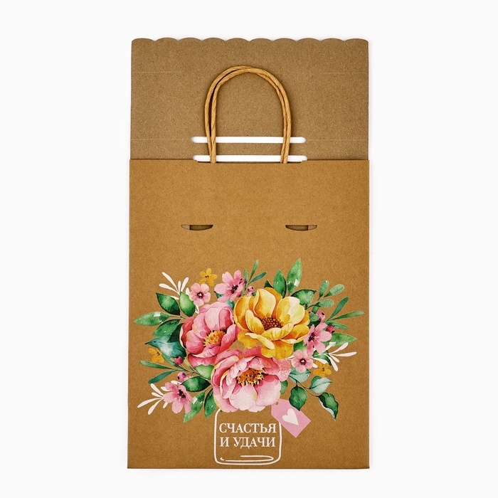 Пакет с клапаном &laquo;Букет цветов&raquo;, крафт, глиттер, 19,5 &times; 10 &times; 25.2 см