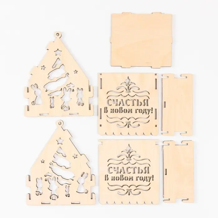 Заготовка новогодняя шкатулка-домик "Зайки" натуральный 12х10х14 см (Новогодний набор 7 деталей) 977