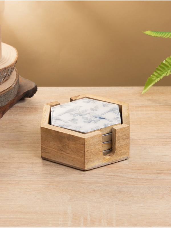 Подставка под горячее (набор 4 шт) "Синие птицы" дерево манго 15х13х5 см