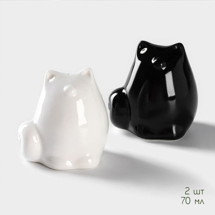 Набор фарфоровый для специй на бамбуковой подставке BellaTenero &laquo;Котики&raquo;, 3 предмета: солонка, перечница, подставка, цвет белый и чёрный