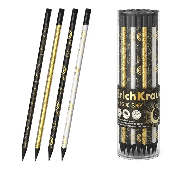 Карандаш чернографитный, ErichKrause &laquo;Magic Sky&raquo;, HB, d=2.2 мм, с ластиком, трeхгранный, в тубусе, дерево, микс