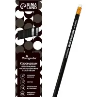 Набор карандашей чернографитных 12 штук, Calligrata Classic, с ластиком, заточенные, пластик, трехгранные, черные