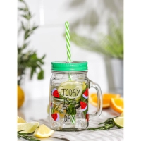 Банка стеклянная с крышкой и трубочкой Доляна &laquo;Счастливый день&raquo;, 450 мл, 10,5&times;7,5&times;13 см, цвет МИКС