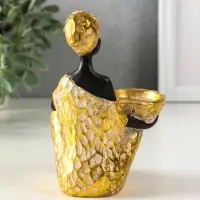 Подсвечник полистоун "Африканка в золотом платье с цветами" d=4,5 см 10,5х12х16 см
