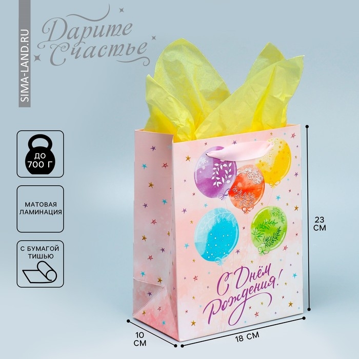 Пакет подарочный ламинированный с тишью, упаковка, &laquo;С Днём рождения&raquo;, MS 18 х 23 х 10 см