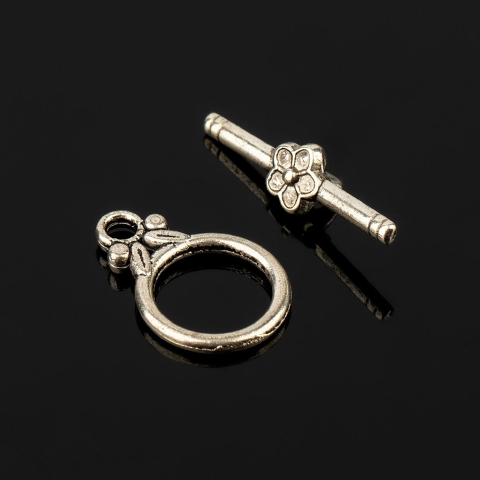 Замок-тоггл &laquo;Цветочек&raquo; с листиками, 21&times;14 мм (набор 2 шт.), цвет чернёного серебра