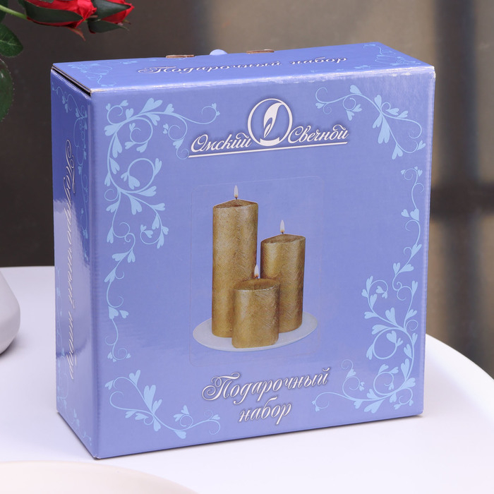 Набор свечей-цилиндров на подставке "Интерьерный", 3 шт, золотой