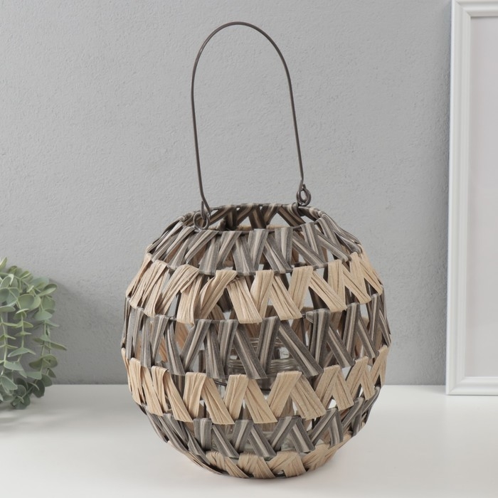 Подсвечник пластик на 1 свечу "Зигзаг полосками" серо-бежевый 13х27х25 см