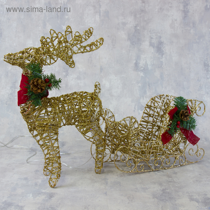 Светодиодная фигура &laquo;Олень с санями золотистый&raquo;, олень: 40 &times; 50 &times; 16 см, сани: 40 &times; 25 &times; 10 см, металл, 220 В, свечение тёплое белое