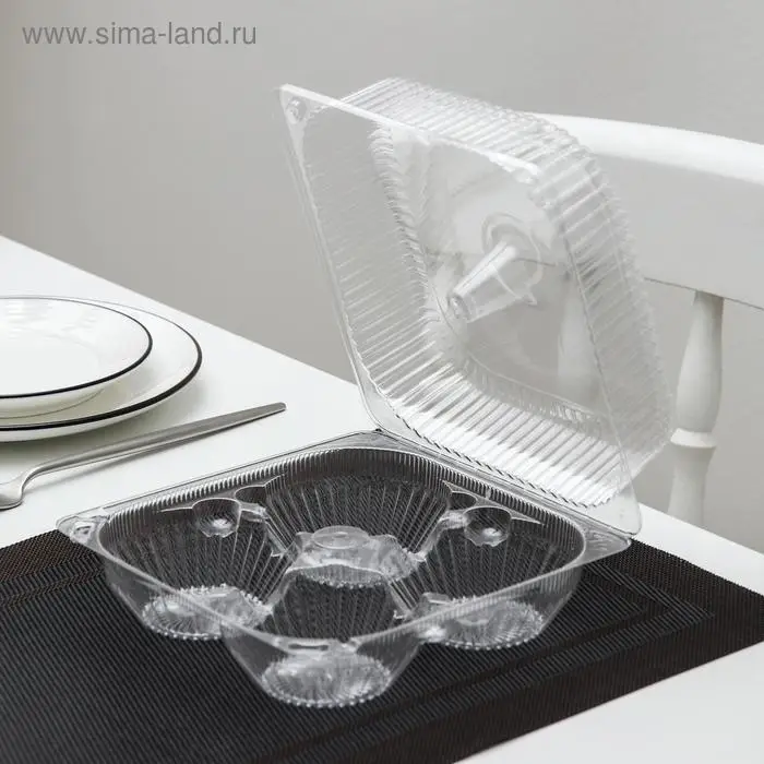 Контейнер одноразовый с неразъёмной крышкой ИП-2, для кондитерских изделий, пластик, 4 секции, 18.6&times;8.1 см, прозрачный