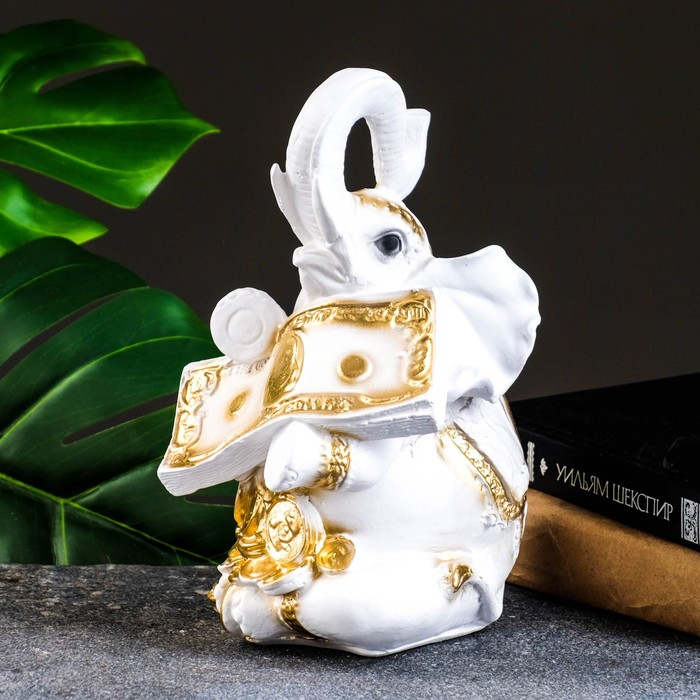 Копилка "Слон с деньгой" бело-золотой, 15х13х26см