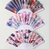 Веер пластик, текстиль "Кошечки и цветы" МИКС широкие лопасти 23 см