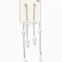 Серьги жемчуг "Цепочки" двойные, цвет белый в серебре