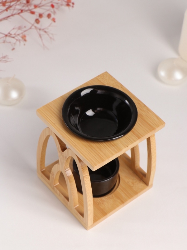 Аромалампа бамбук, керамика с подставкой под свечу "Узоры" чёрная 9,5х9,5х13,5 см