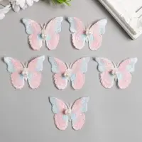 Декор для творчества текстиль вышивка "Бабочка розово-голубая" двойные крылья 5х6,3 см