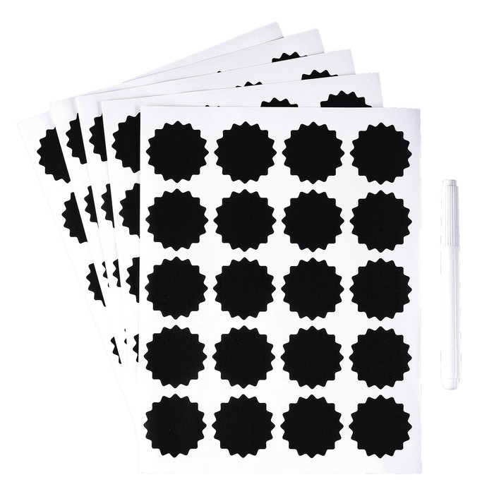 Наклейки водонепроницаемые, набор листов 5 шт., меловой маркер, диаметр 1 наклейки &mdash; 38 мм