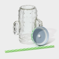 Кружка стеклянная с крышкой и трубочкой Доляна &laquo;Кактус&raquo;, 450 мл, 11&times;7&times;15 см