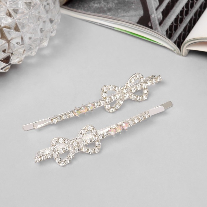 Невидимка для волос "Эбба" (набор 2 шт) бант, 6 см, серебро