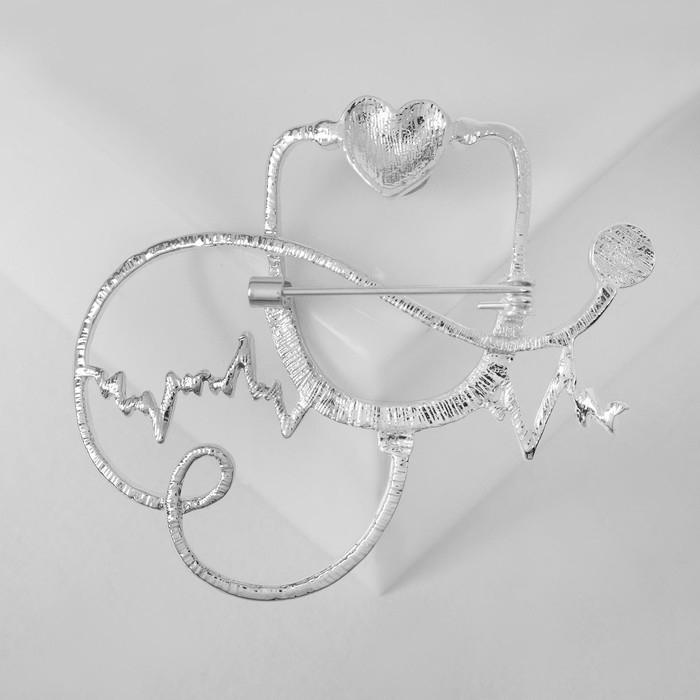 Брошь &laquo;Стетоскоп&raquo; кардиограмма, цвет красно-сиреневый в серебре