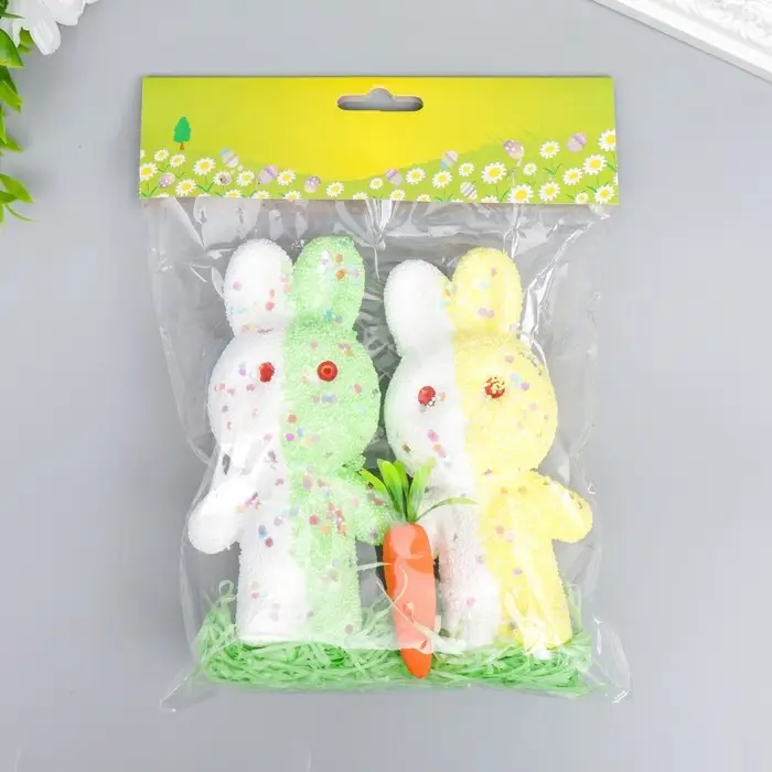 Пасхальный декор &laquo;Зайчата в посыпке с морковкой и травкой&raquo;, набор: жёлтый, зелёный, 12 см, настольная фигурка