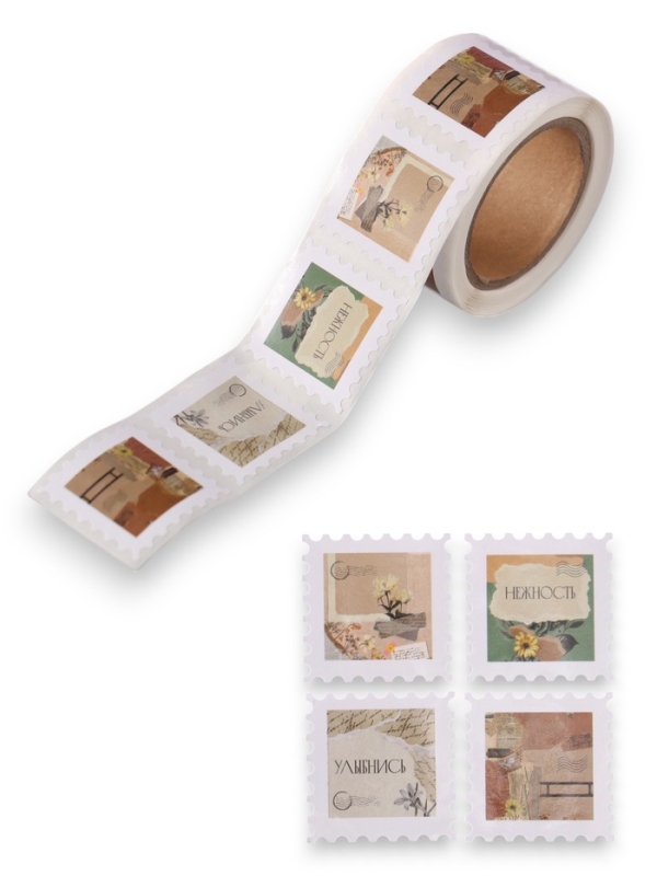 Наклейка бумага "Марки. Коллаж цветочный" 3х3 см 200 шт в рулоне