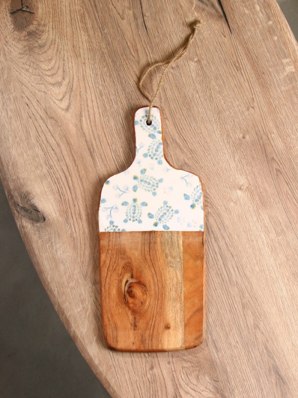 Доска разделочная прямоугольная "Черепаха и цветы" дерево манго 41х18 см