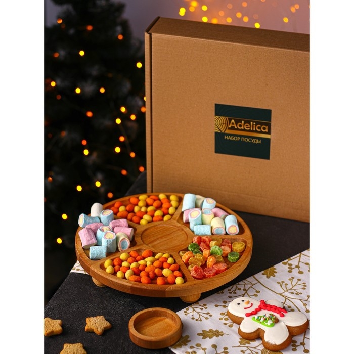 Подарочный набор деревянной посуды Adelica &laquo;Фортуна&raquo;, менажница на ножках с соусницей, d=30 см, 70 мл, берёза
