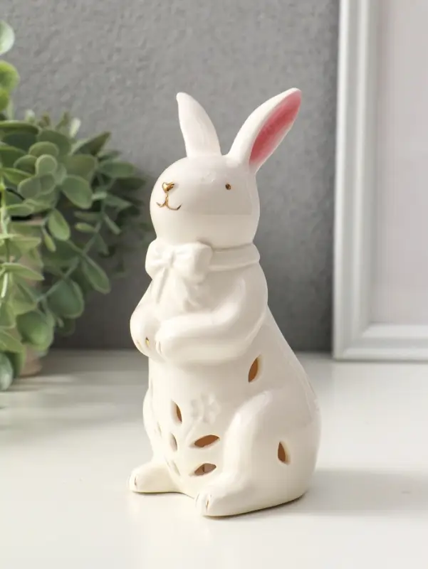 Сувенир керамика свет "Зайка с бантом" белый 7,5х8х15,5 см