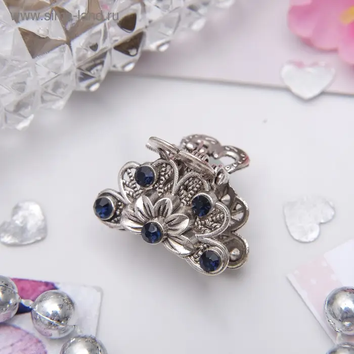 Крабик для волос &laquo;Синий туман&raquo;, цветок, 2.3 см, серебро