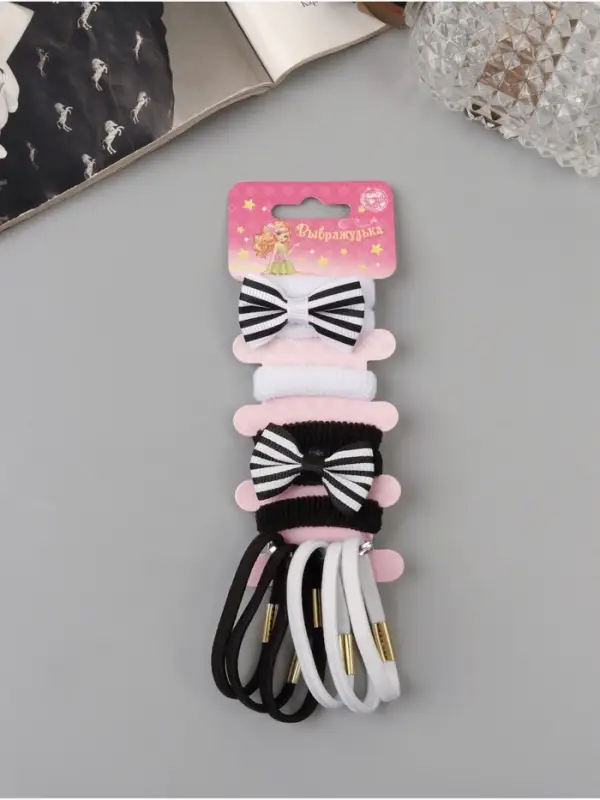 Резинка для волос "Бантик" (набор 12 шт) полоски, чёрно-белый