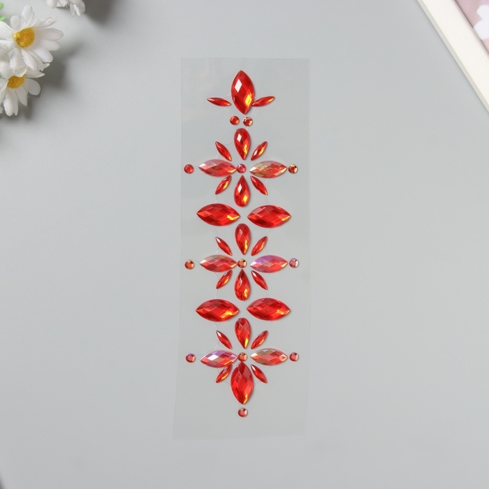 Наклейка пластик стразы "Цветы" красная 25х8,5 см