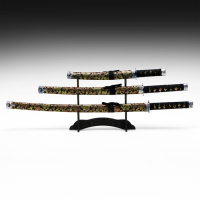 Сув. изделие катаны 3в1 на подставке, ножны ткань, драконы золото на черном 47/70/89см