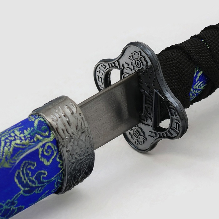 Сув. изделие катаны 3в1 на подставке, ножны ткань, драконы золото на синем 47/70/89см