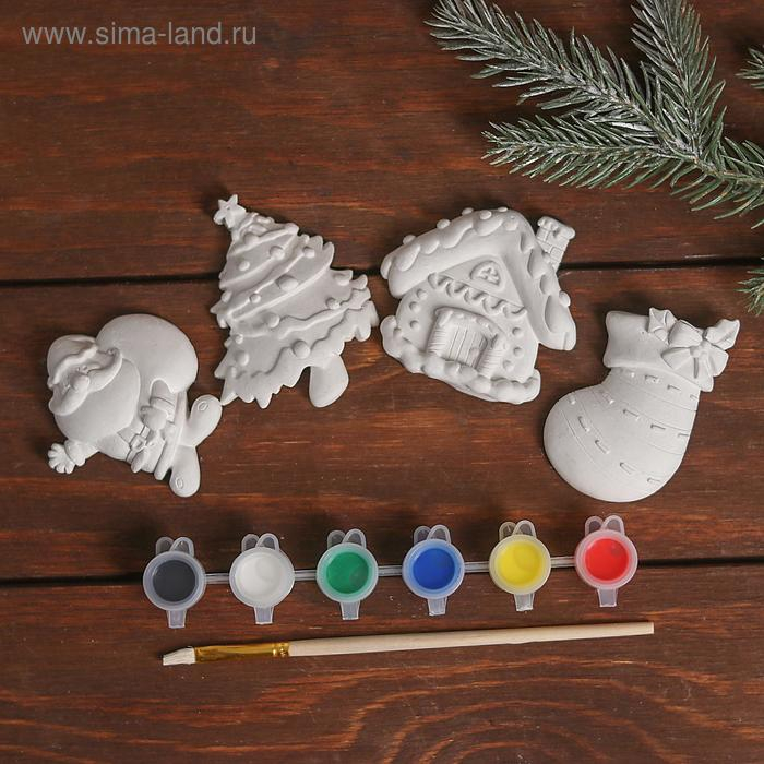 Набор новогодних магнитов под раскраску 4 шт. &laquo;Волшебный&raquo; краски 6 цв. по 2 мл