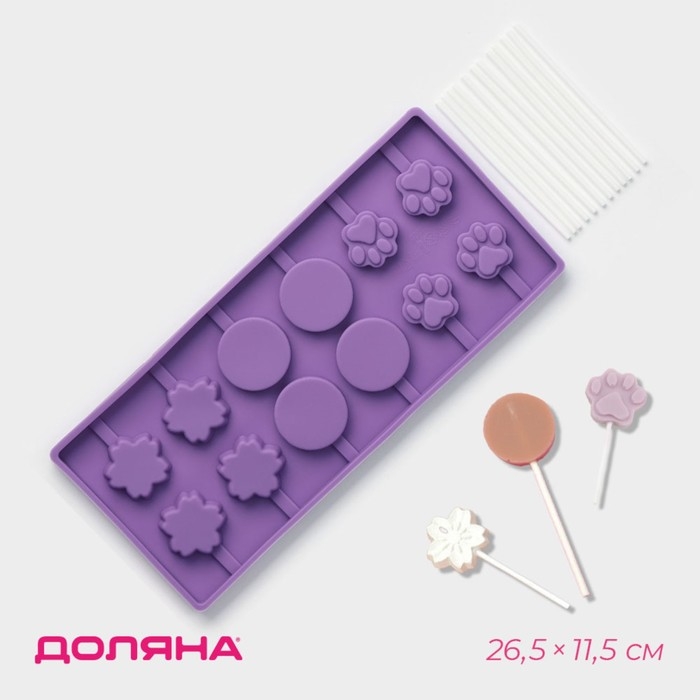 Форма для леденцов Доляна &laquo;Вкусная сладость&raquo;, силикон, 26,5&times;11,5 см, 12 ячеек (d=3,5 см), с палочками, цвет МИКС