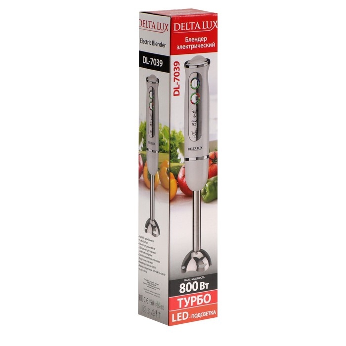 Блендер DELTA LUX DL-7039, погружной, 800 Вт, 1 скорость, режим "турбо", белый
