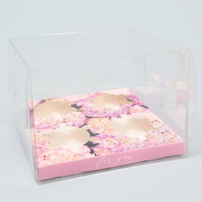 Коробка для капкейка, кондитерская упаковка, 4 ячейки, &laquo;Гортензии&raquo;, золото, 16 х 16 х 11.5 см