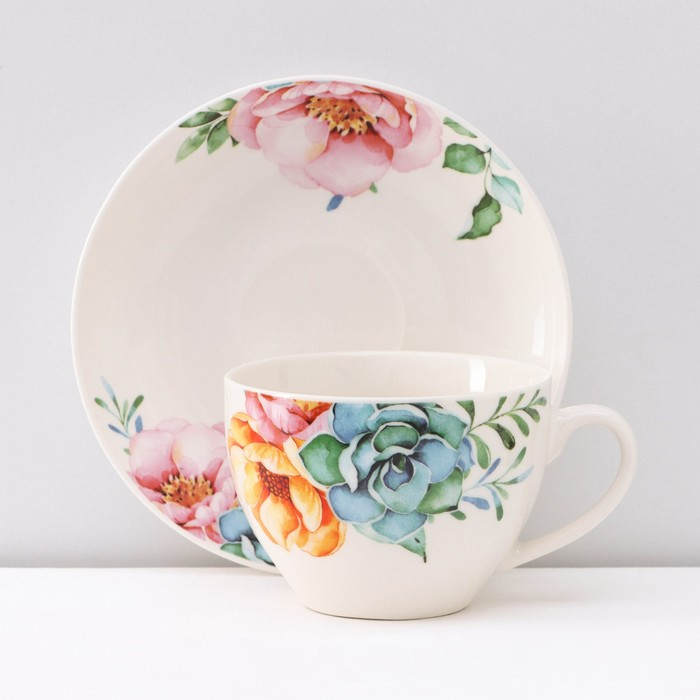 Сервиз фарфоровый чайный Доляна &laquo;Пташка&raquo;, 12 предметов: 6 чашек 250 мл, 6 блюдец d=15 см