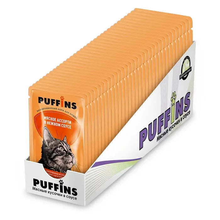 Влажный корм "Puffins" для кошек, мясное ассорти в соусе, 75 г