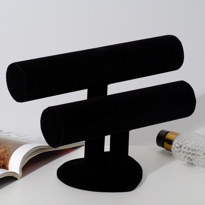 Подставка для часов, браслетов, двухуровневая, флок, сердце, 26&times;11&times;18 см,d=5 см, цвет чёрный