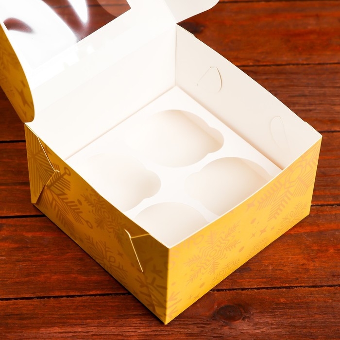 Новый год. Коробка для 4 капкейка с окном "Новогодний градиент", 16 х 16 х 10 см, упаковка