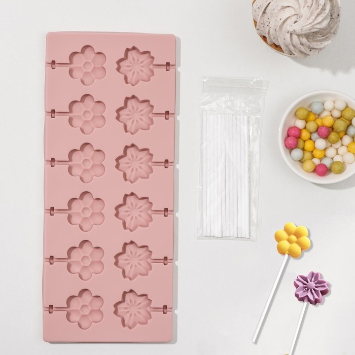 Форма для леденцов Доляна &laquo;Клумба&raquo;, силикон, 25&times;10,5&times;1 см, 12 ячеек (3,2&times;3 см), с палочками, цвет МИКС