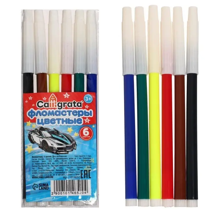 Фломастеры 6 цветов Calligrata &laquo;Машинка&raquo;, невентилируемый колпачок
