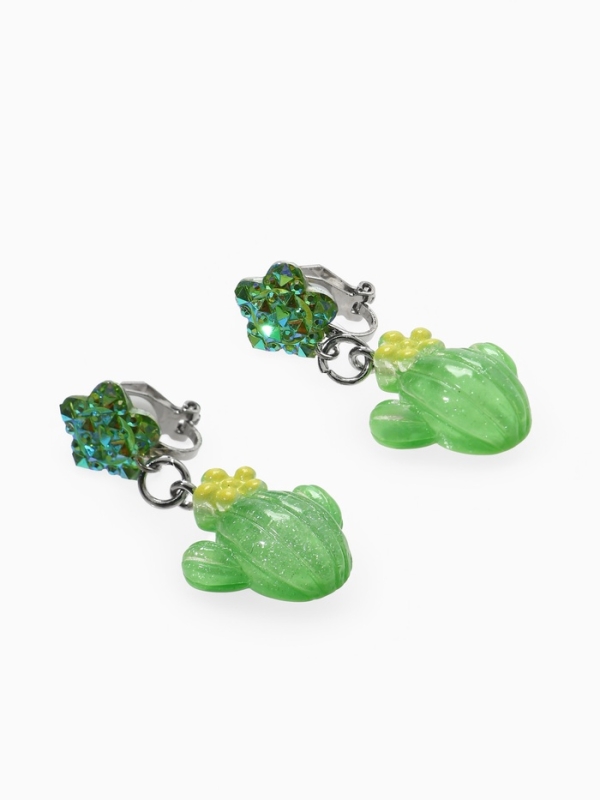 Серьги-клипсы детские "Выбражулька" кактус с звездой кристалл, цвет зеленый